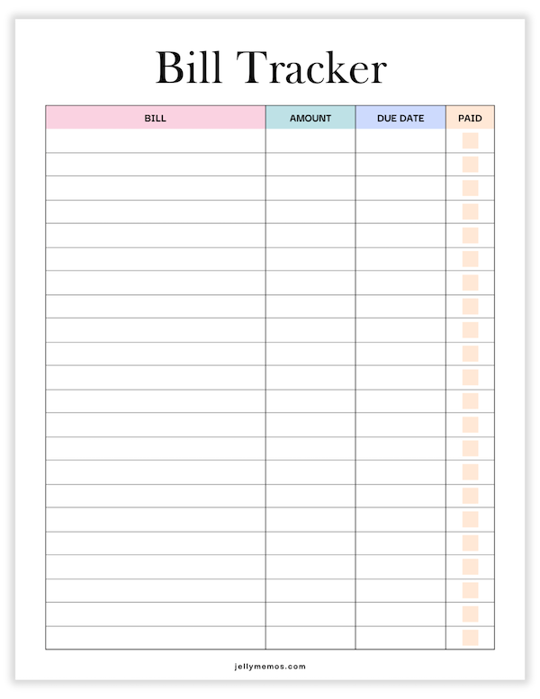 bill tracker printable