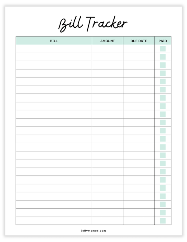 bill tracker printable