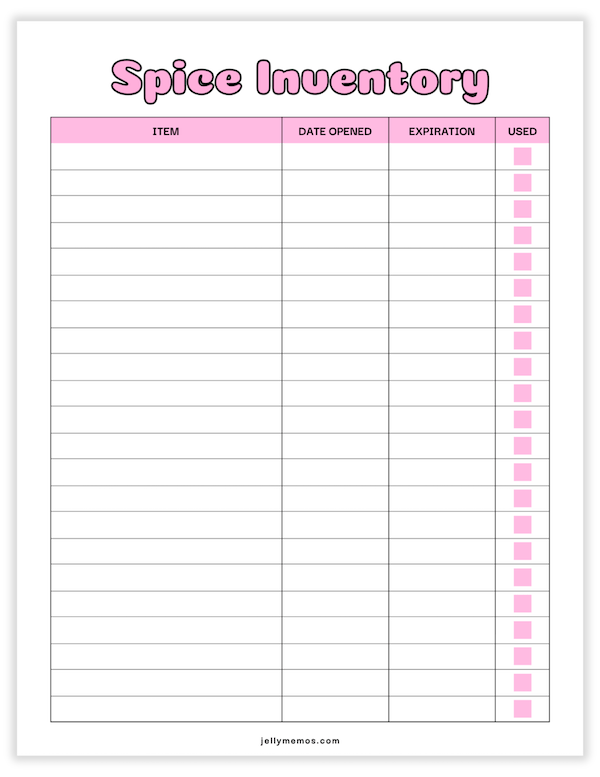 spice inventory printable