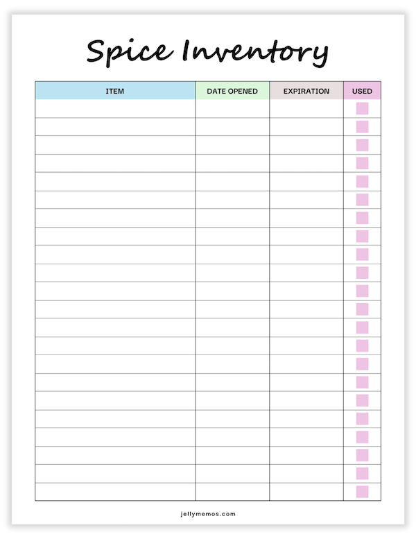 spice inventory printable