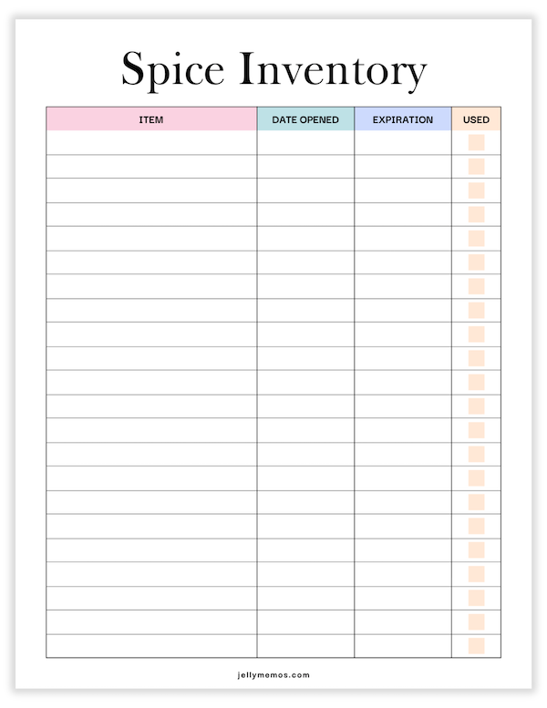 spice inventory printable