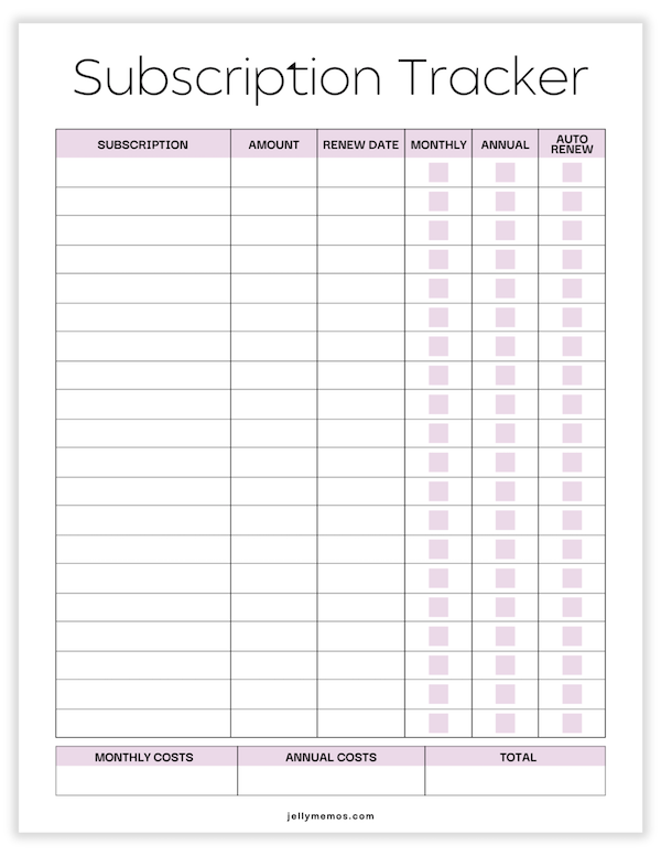 subscription tracker printable