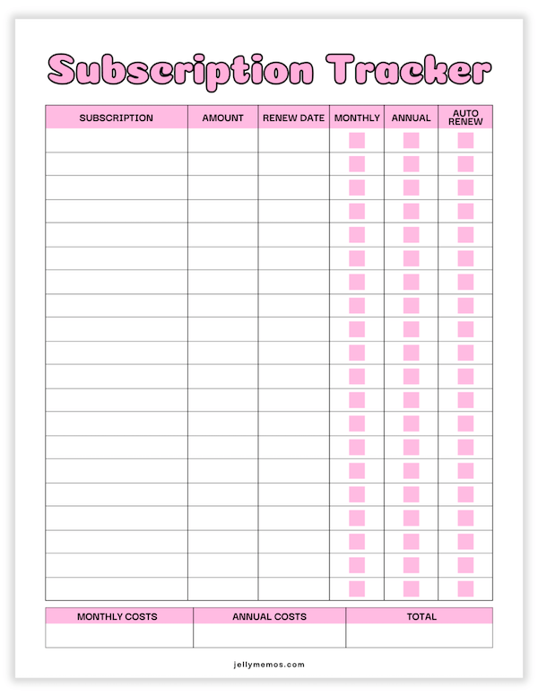 subscription tracker printable