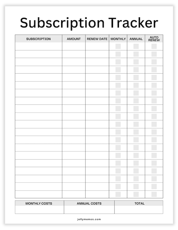 subscription tracker printable