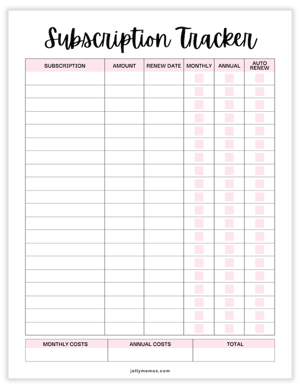 subscription tracker printable