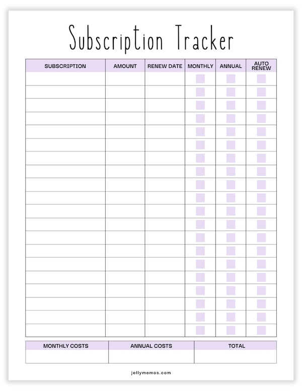 subscription tracker printable