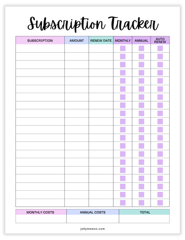 subscription tracker printable