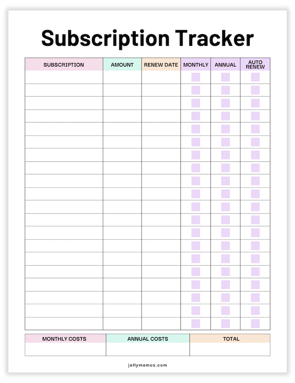 subscription tracker printable