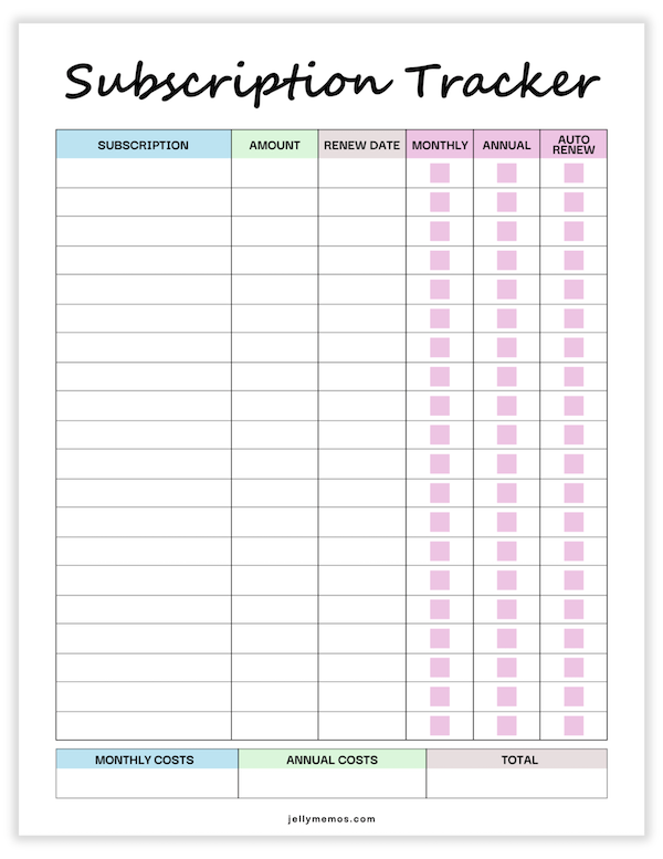 subscription tracker printable