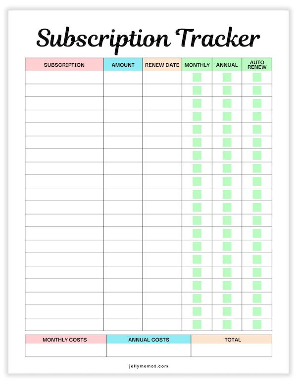 subscription tracker printable