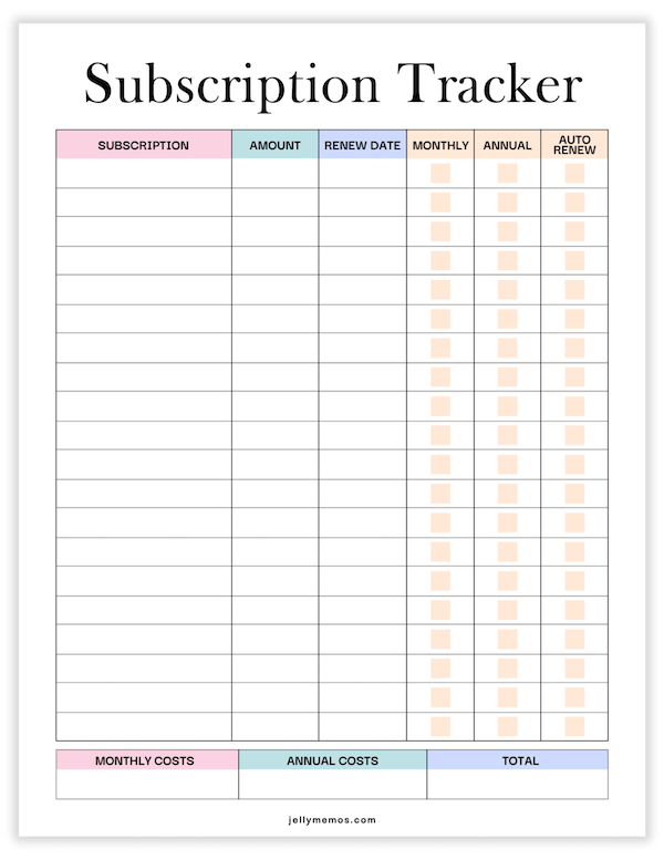 subscription tracker printable