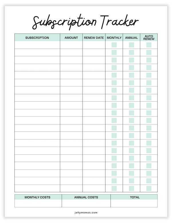 subscription tracker printable