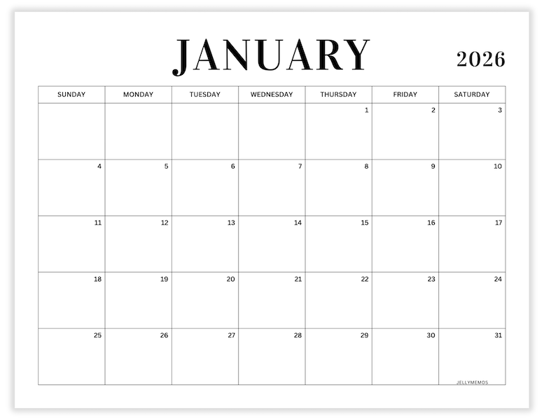 January 2026 minimal calendar printable