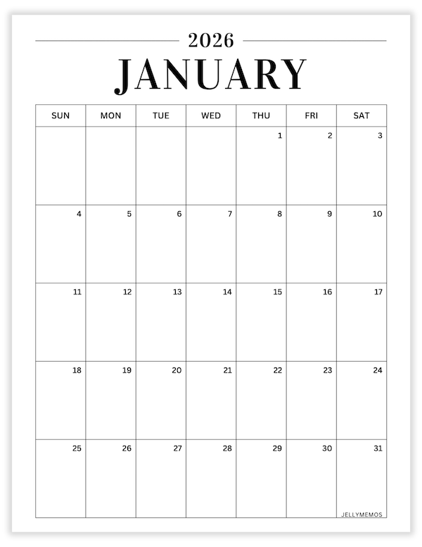 January 2026 minimal calendar printable
