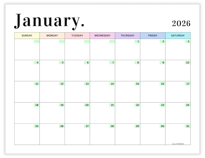 January 2026 pastel calendar printable