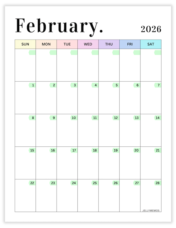 February 2026 pastel calendar printable