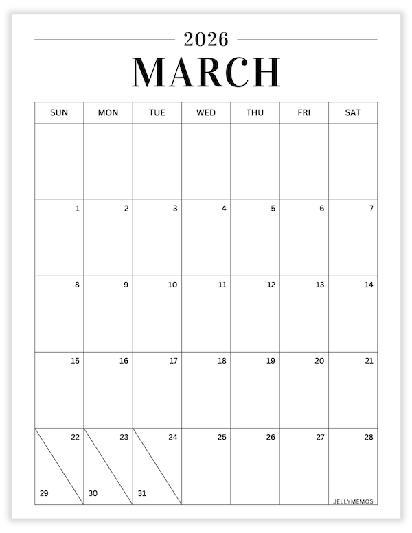 March 2026 minimal calendar printable