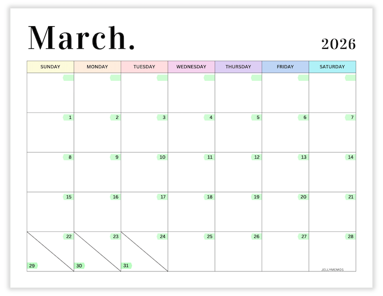 March 2026 pastel calendar printable