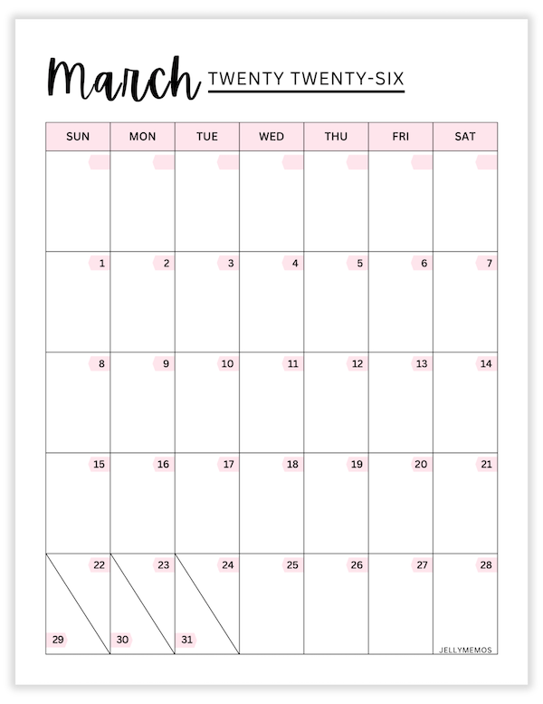 March 2026 pink calendar printable