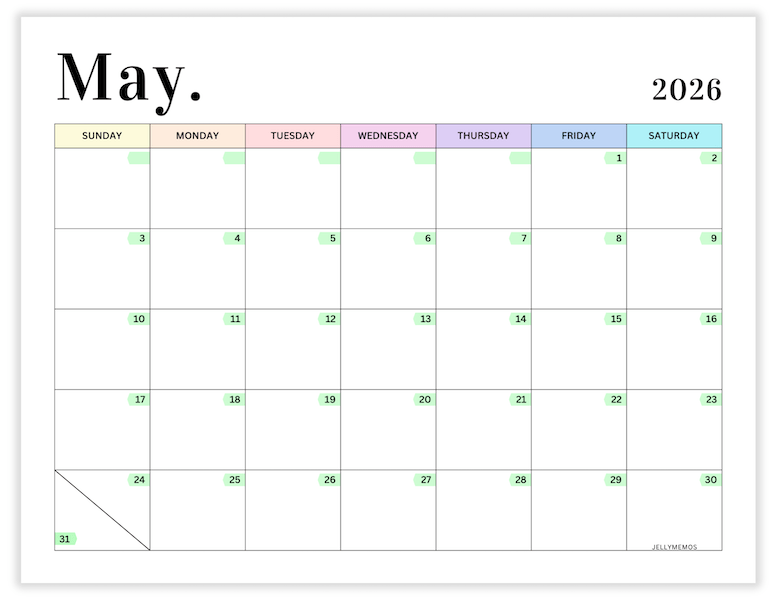 May 2026 pastel calendar printable
