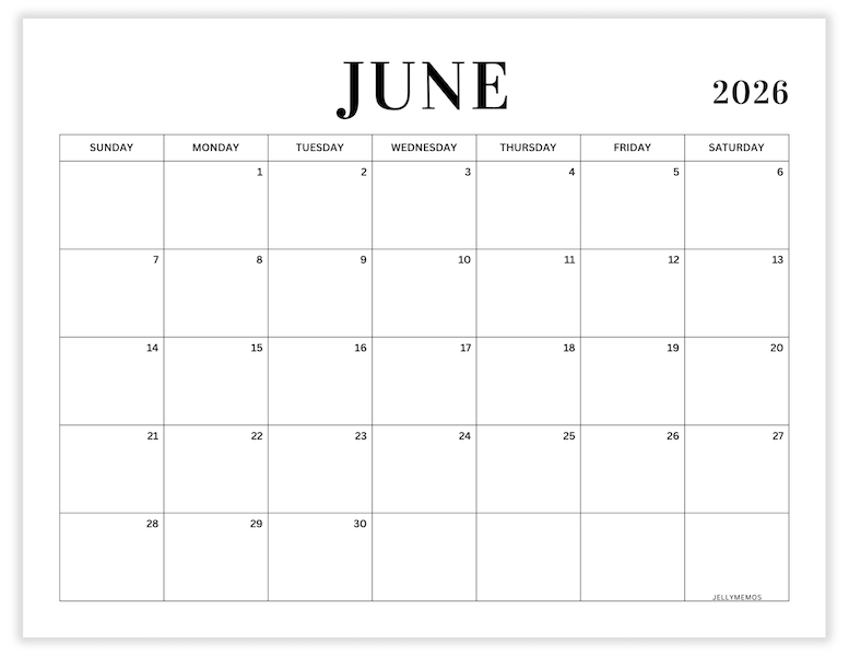 June 2026 minimal calendar printable