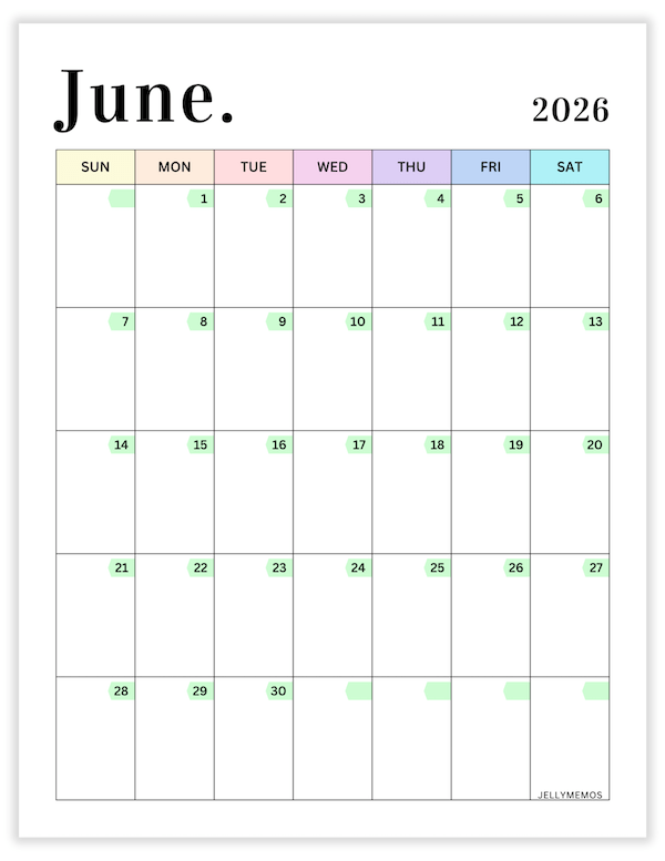 June 2026 pastel calendar printable