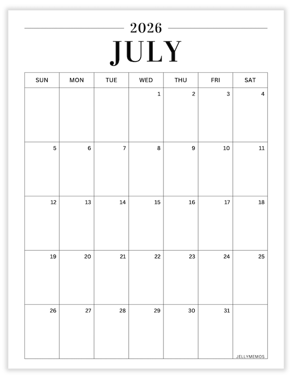 July 2026 minimal calendar printable