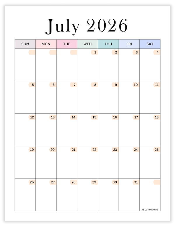 July 2026 aesthetic printable calendar