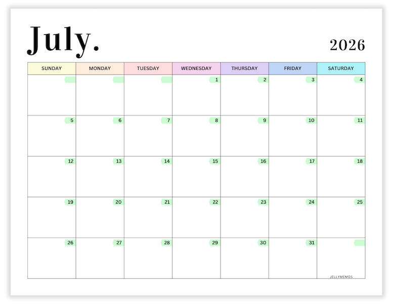 July 2026 pastel calendar printable