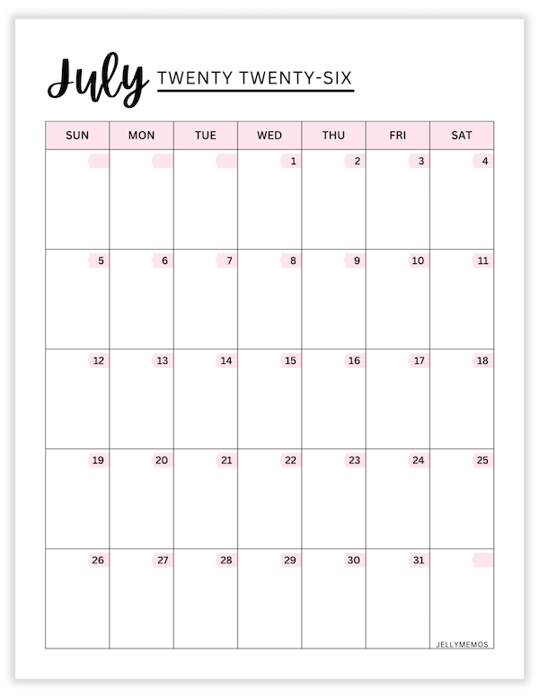July 2026 pink calendar printable