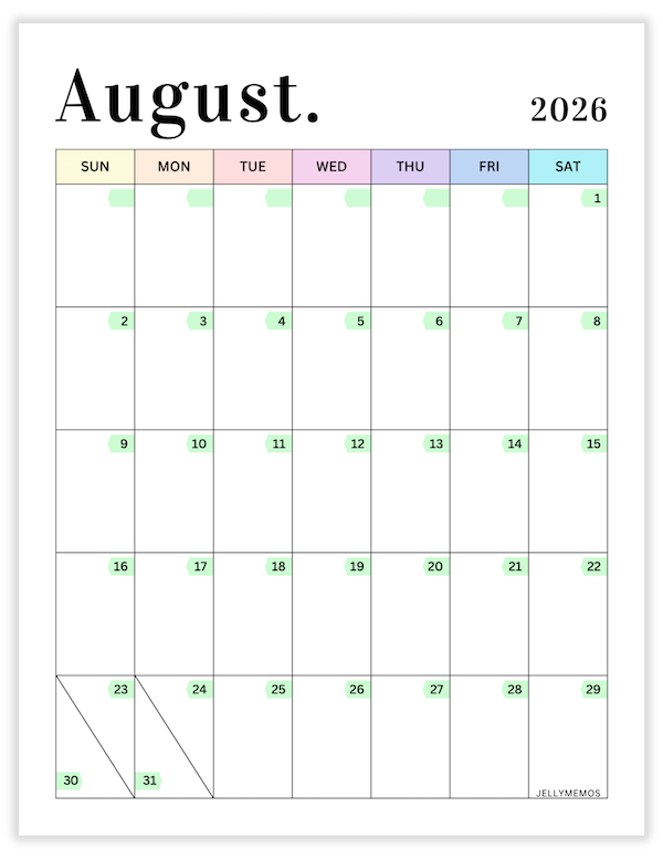 August 2026 pastel calendar printable