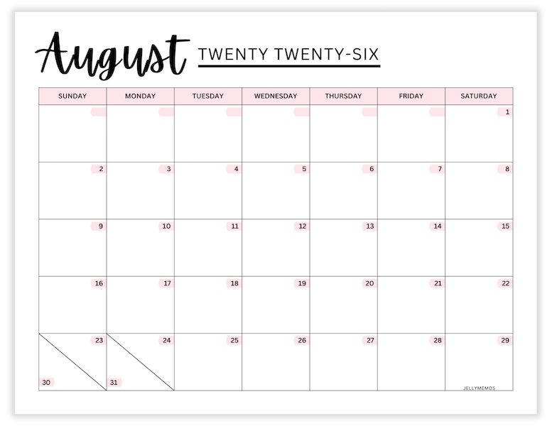 August 2026 pink calendar printable