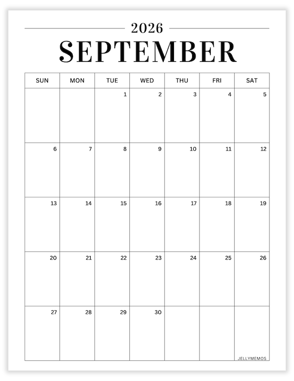 September 2026 minimal calendar printable