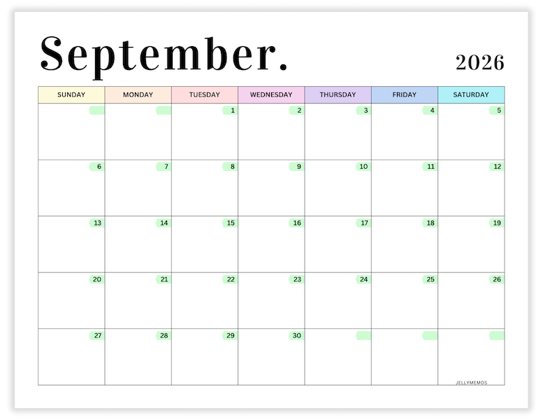September 2026 pastel calendar printable
