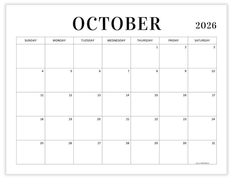 October 2026 minimal calendar printable