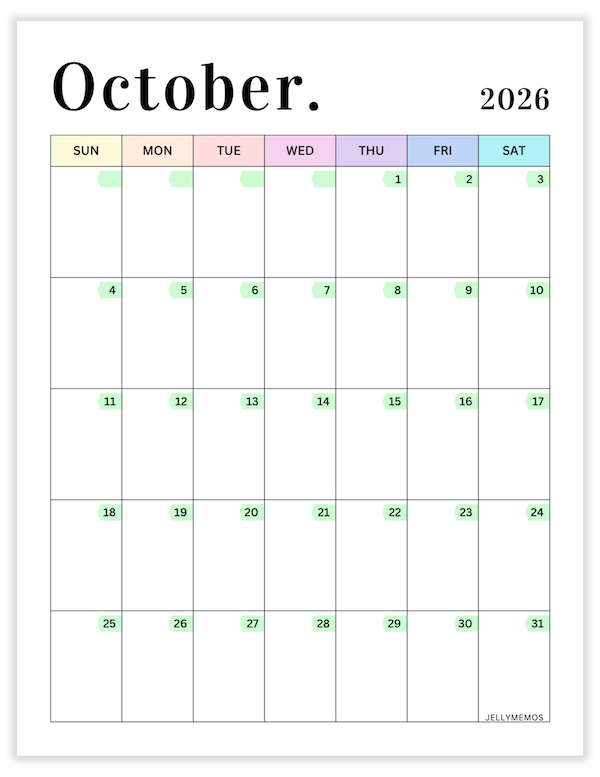 October 2026 pastel calendar printable