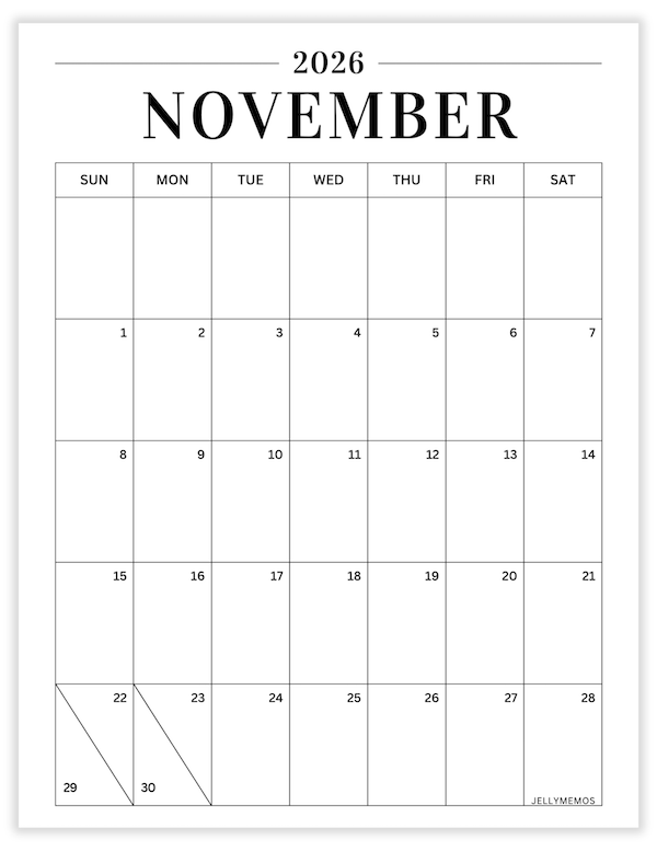 November 2026 minimal calendar printable
