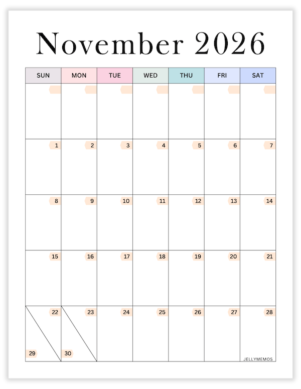 November 2026 aesthetic printable calendar