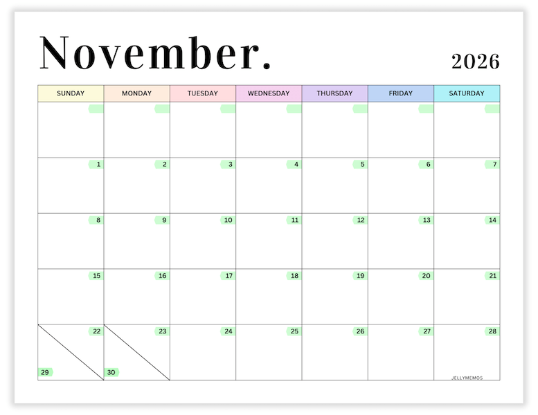 November 2026 pastel calendar printable