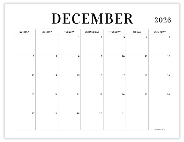 December 2026 minimal calendar printable