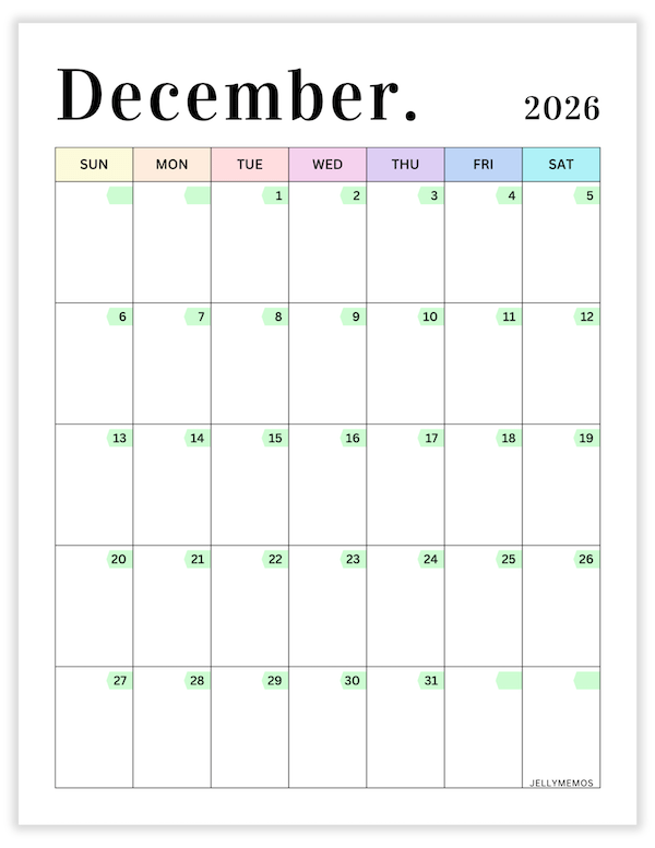 December 2026 pastel calendar printable