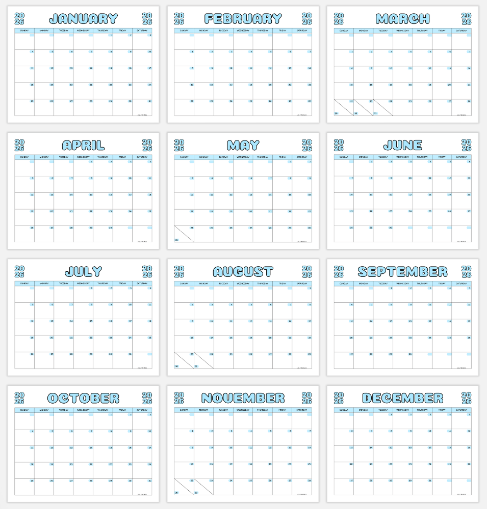 blue 2026 colorful calendar printable