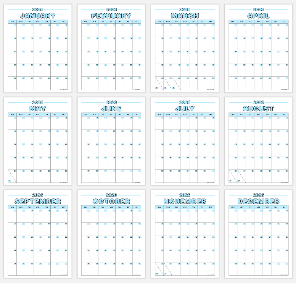 blue 2026 colorful calendar printable