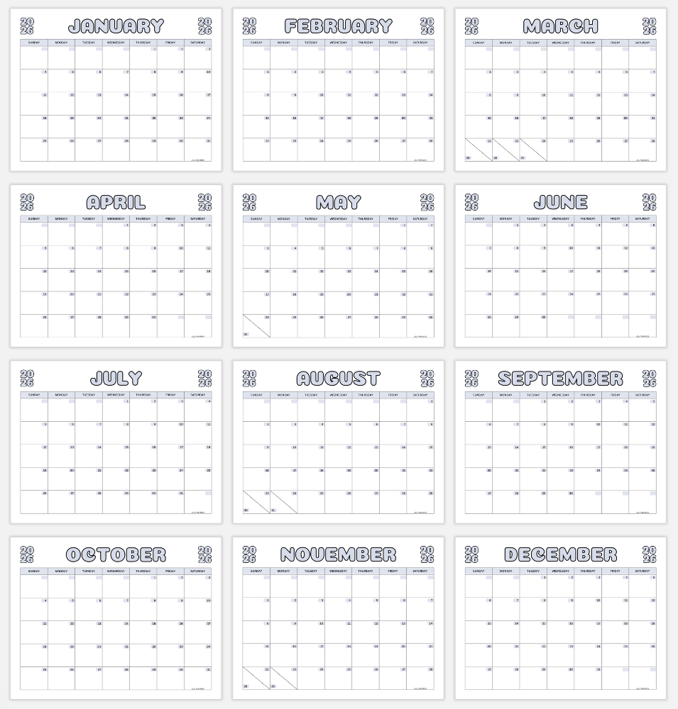 gray 2026 colorful calendar printable