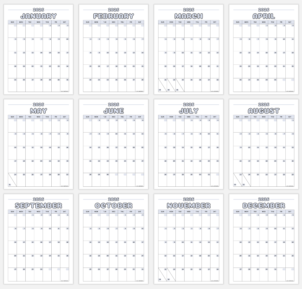 gray 2026 colorful calendar printable