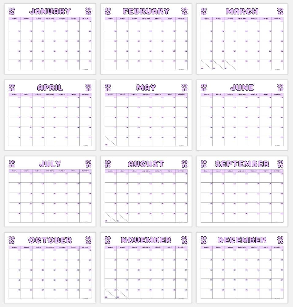 purple 2026 colorful calendar printable