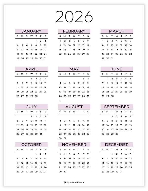 2026 One Page Calendar