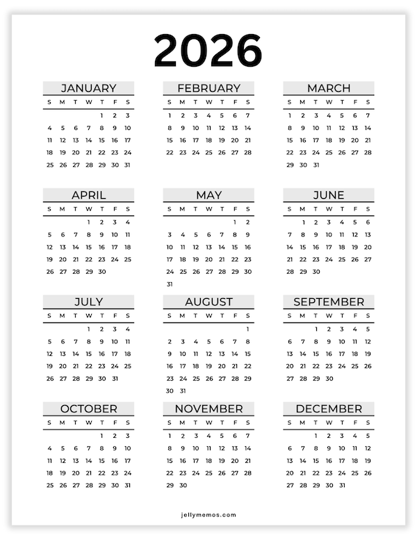 2026 One Page Calendar