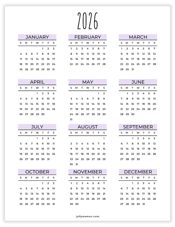 2026 One Page Calendar