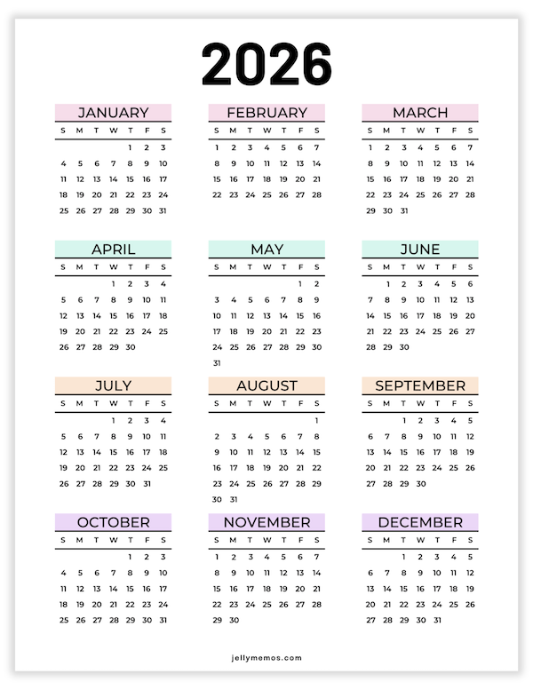 2026 One Page Calendar